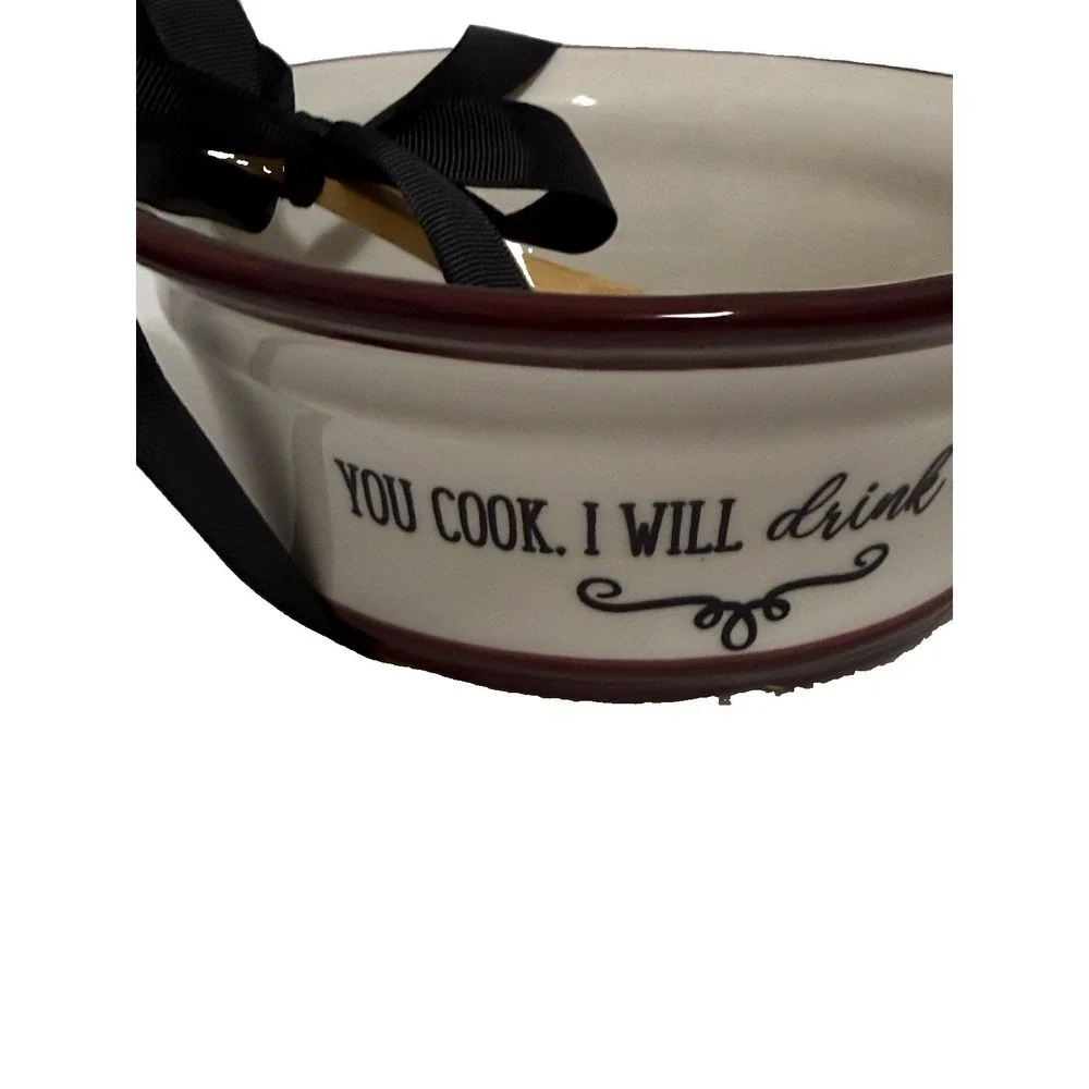 Appetizer Ceramic Bowl‎ Bake Serve Wooden Spoon Good Food/Good Wine/Good Friends